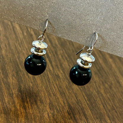 Vintage Black Onyx Style Bead Drop Earrings Silver Tone