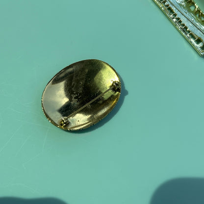 Victorian Revival Style Brooch | Gold-Tone Frame | Tan Suede Inlay Oval