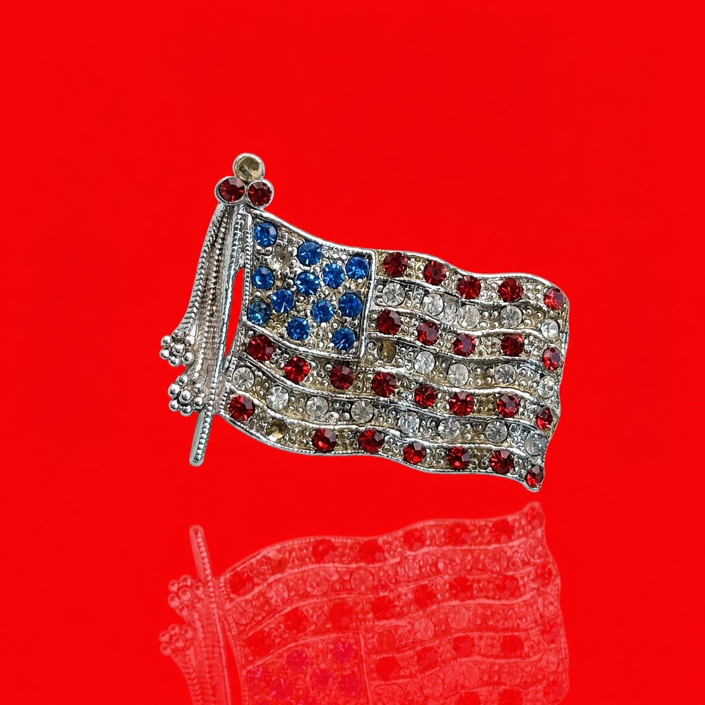 Vintage Rhinestone American Flag Brooch Waving Stars and Stripes Silver Tone Pin