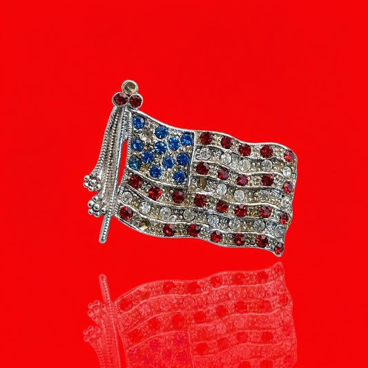 Vintage Rhinestone American Flag Brooch Waving Stars and Stripes Silver Tone Pin