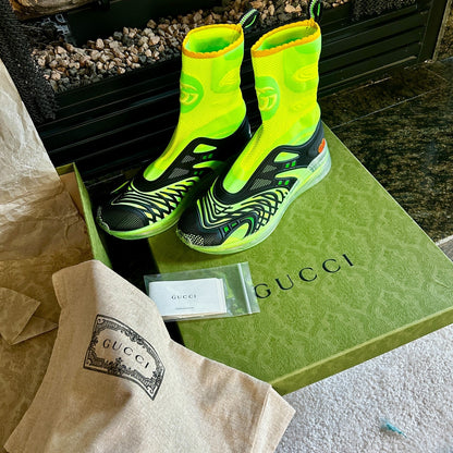 Auth GUCCI Ultrapace R Mid-Top Neon Reflective Sock Sneakers - With Box & Papers