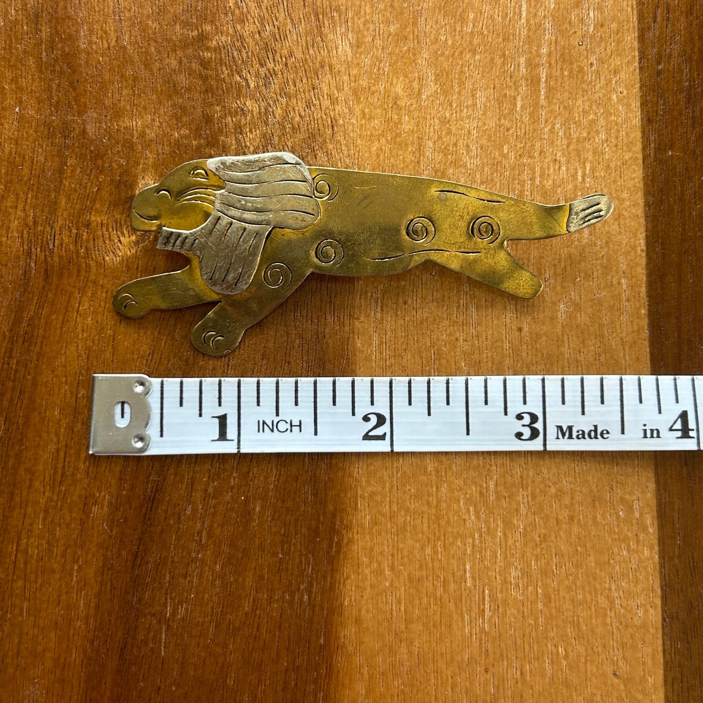 Vintage Mixed Metal Lion Brooch | Brass & Silver Tone Running Lion Pin | Mid-Century Modern Animal Jewelry
