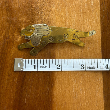 Vintage Mixed Metal Lion Brooch | Brass & Silver Tone Running Lion Pin | Mid-Century Modern Animal Jewelry