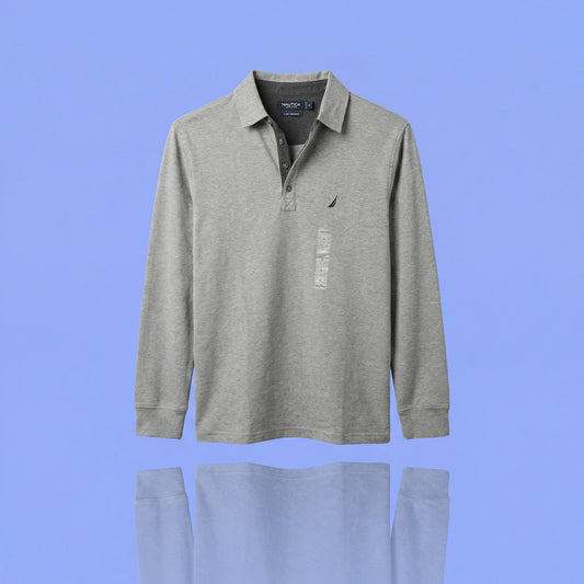 Nautica Men’s Large New Heather Grey Long Sleeve Polo Shirt