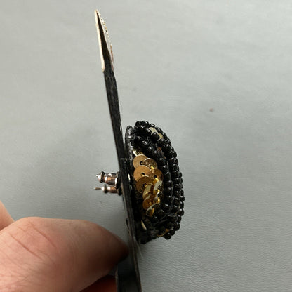 GLITTERS Black & Gold Round Beaded Earrings, Butterfly Closure, Pierced Lobes