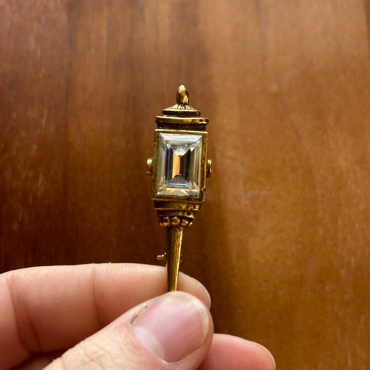 Vintage Goldette Victorian Revival Lantern Brooch | Gold Tone Torch Pin | Emerald Cut Rhinestone Statement Jewelry