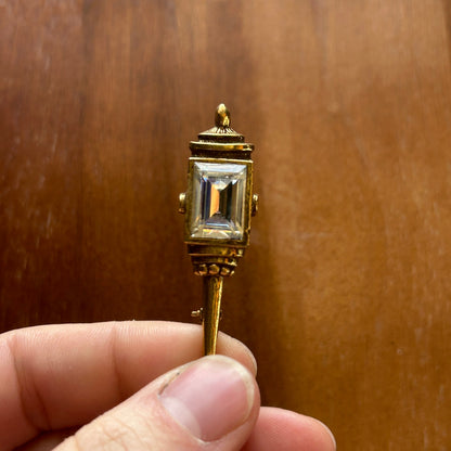 Vintage Goldette Victorian Revival Lantern Brooch | Gold Tone Torch Pin | Emerald Cut Rhinestone Statement Jewelry