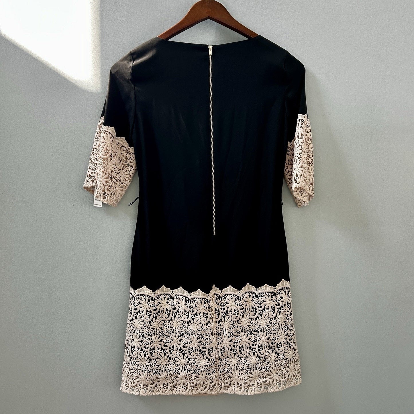 Gianni Bini Black Beige Lace Sheath Dress, Short, XS, Half Sleeve