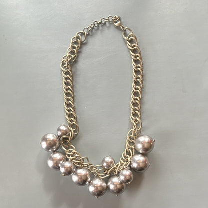 Gold and Silver Beaded Statement Necklace, Curb Link Chain, Lobster Closure