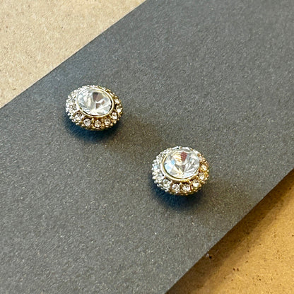Vintage Gold Tone Round Rhinestone Halo Stud Earrings