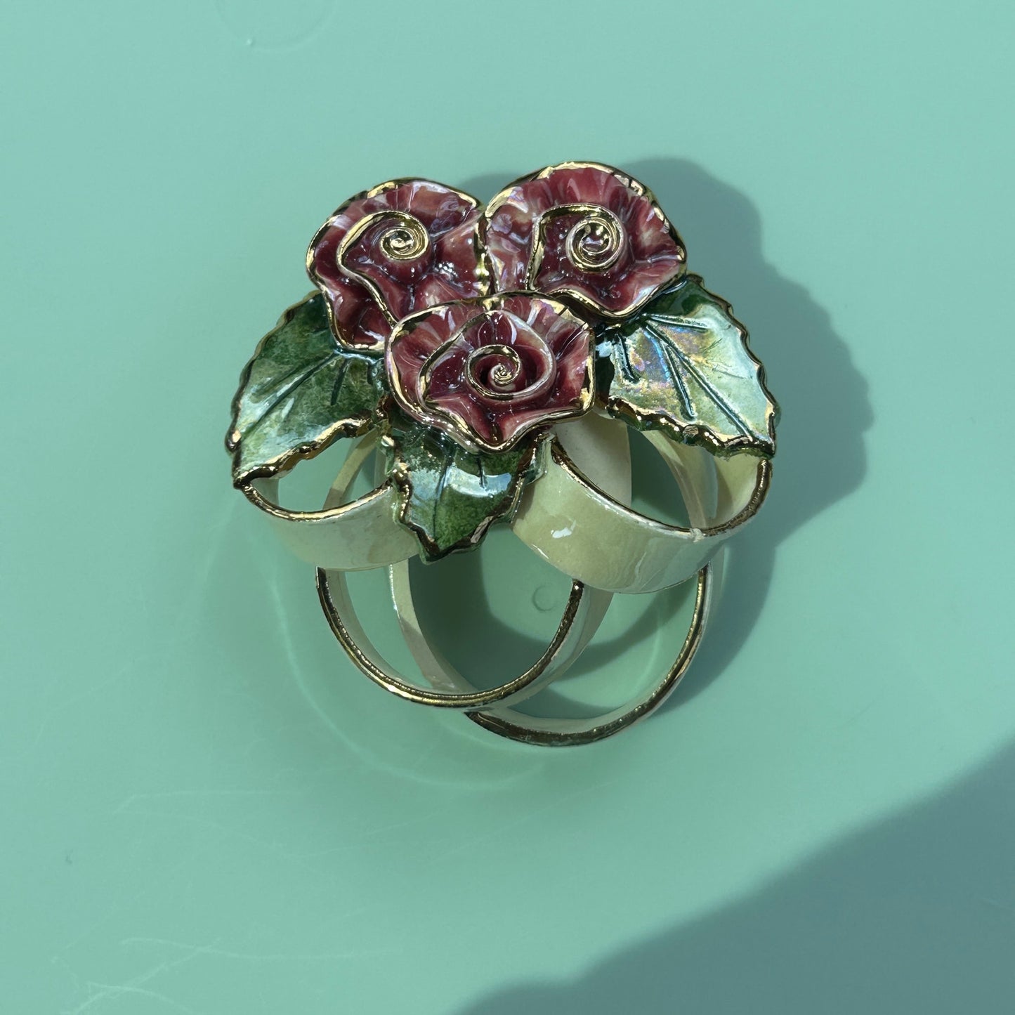 Vintage Hand-Painted Ceramic Rose Brooch, Dimensional Floral Bouquet Pin