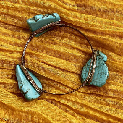 Handcrafted Copper Wire Bangle Bracelet Raw Turquoise Stones