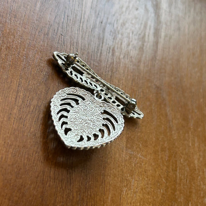 Vintage Art Deco Filigree Heart & Bar Brooch | Silver Black Cabochon Dangle Pin