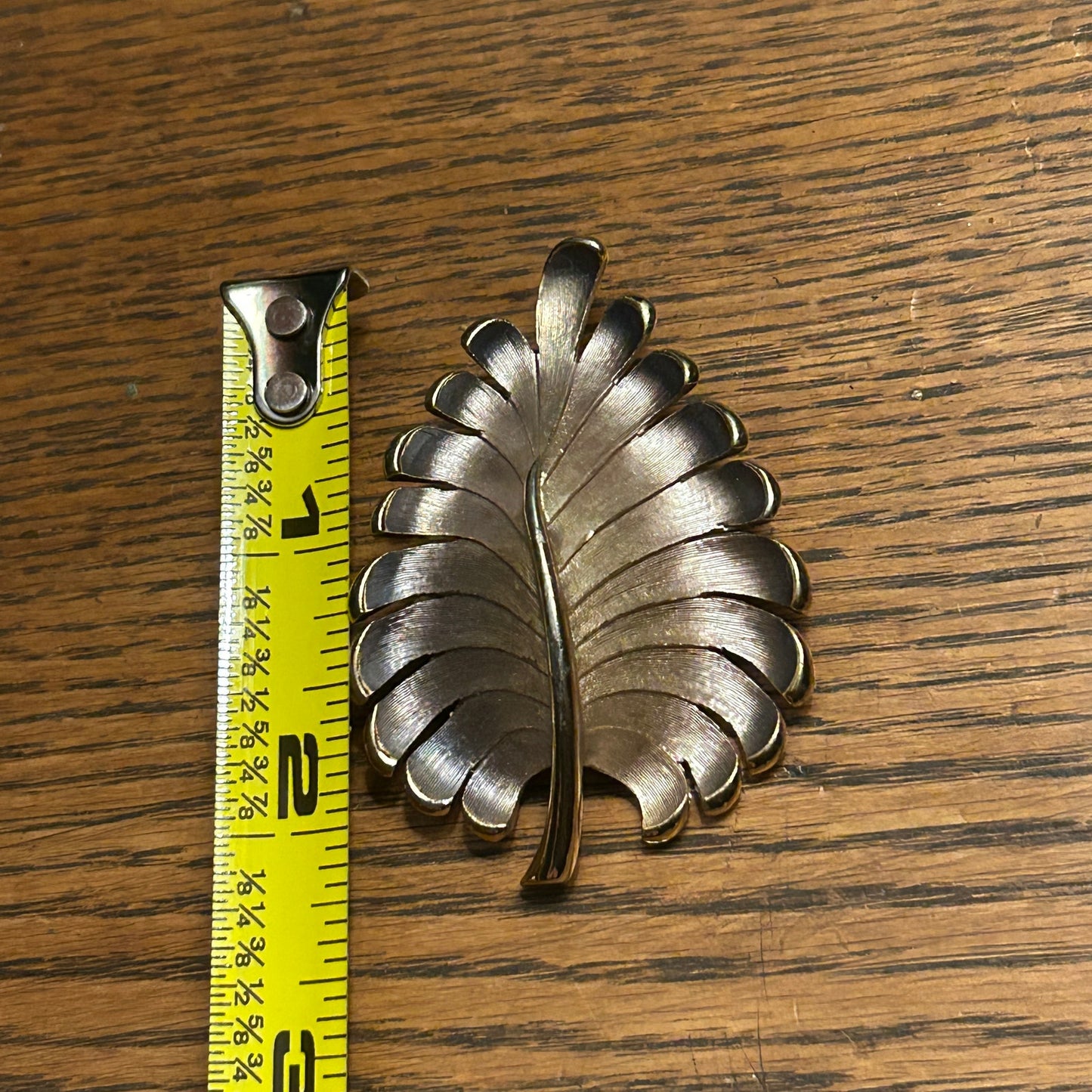 Vintage Mid-Century Leaf Brooch Silver Gold Tone Brushed Metal Pin 1950s 1960s