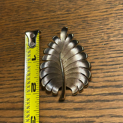 Vintage Mid-Century Leaf Brooch Silver Gold Tone Brushed Metal Pin 1950s 1960s