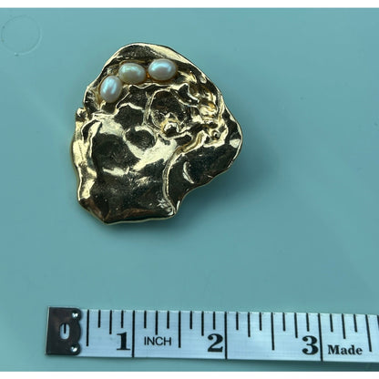 Unique Contemporary Gold-Tone Faux Pearl Brooch Abstract Textured Statement Pin