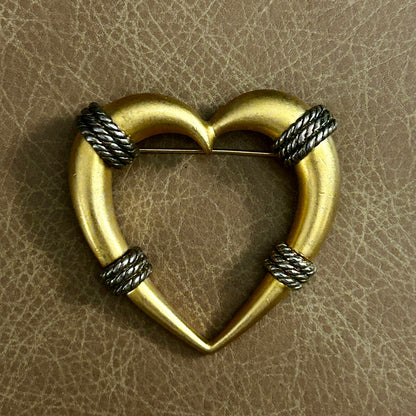 Mixed Metals Heart Brooch 2" Vintage 1980s Silver Rope