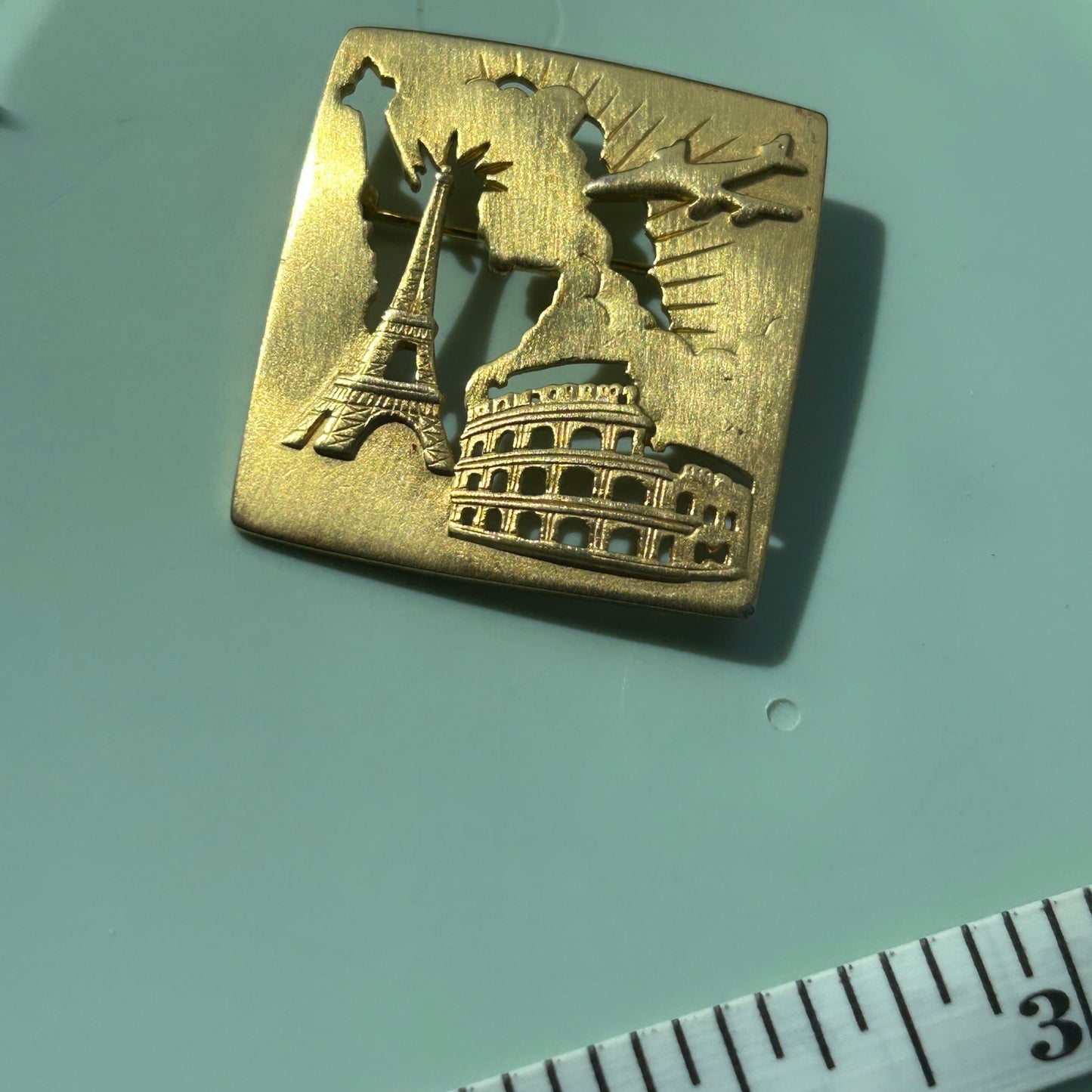 Vintage Gold-Tone World Travel Brooch | Cut-Out Silhouette Pin | Eiffel Tower