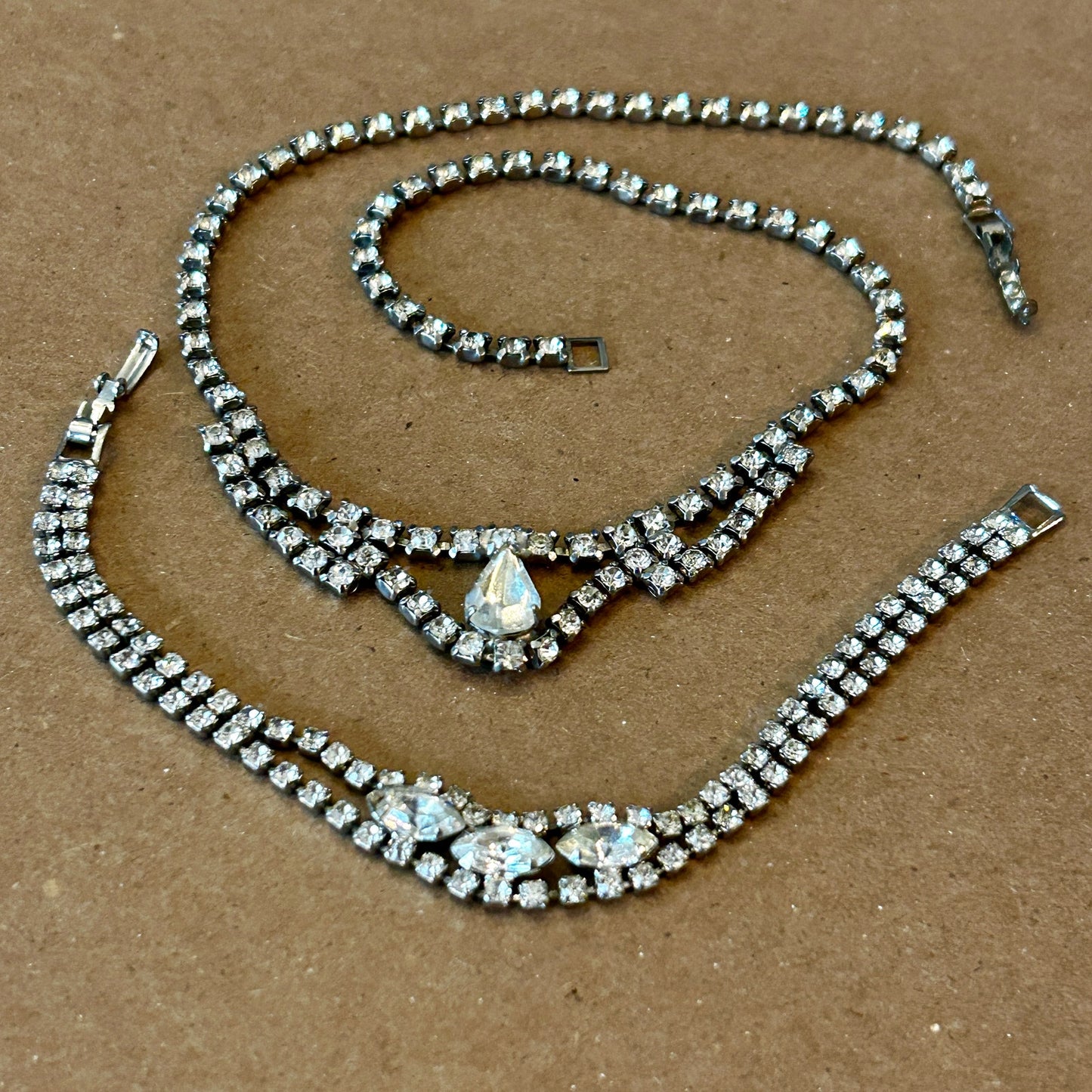 Vintage Silver Tone Rhinestone Necklace & Bracelet Set