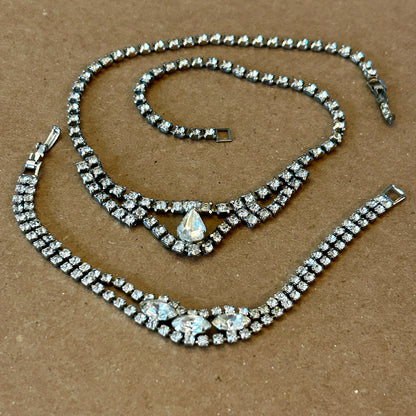 Vintage Silver Tone Rhinestone Necklace & Bracelet Set