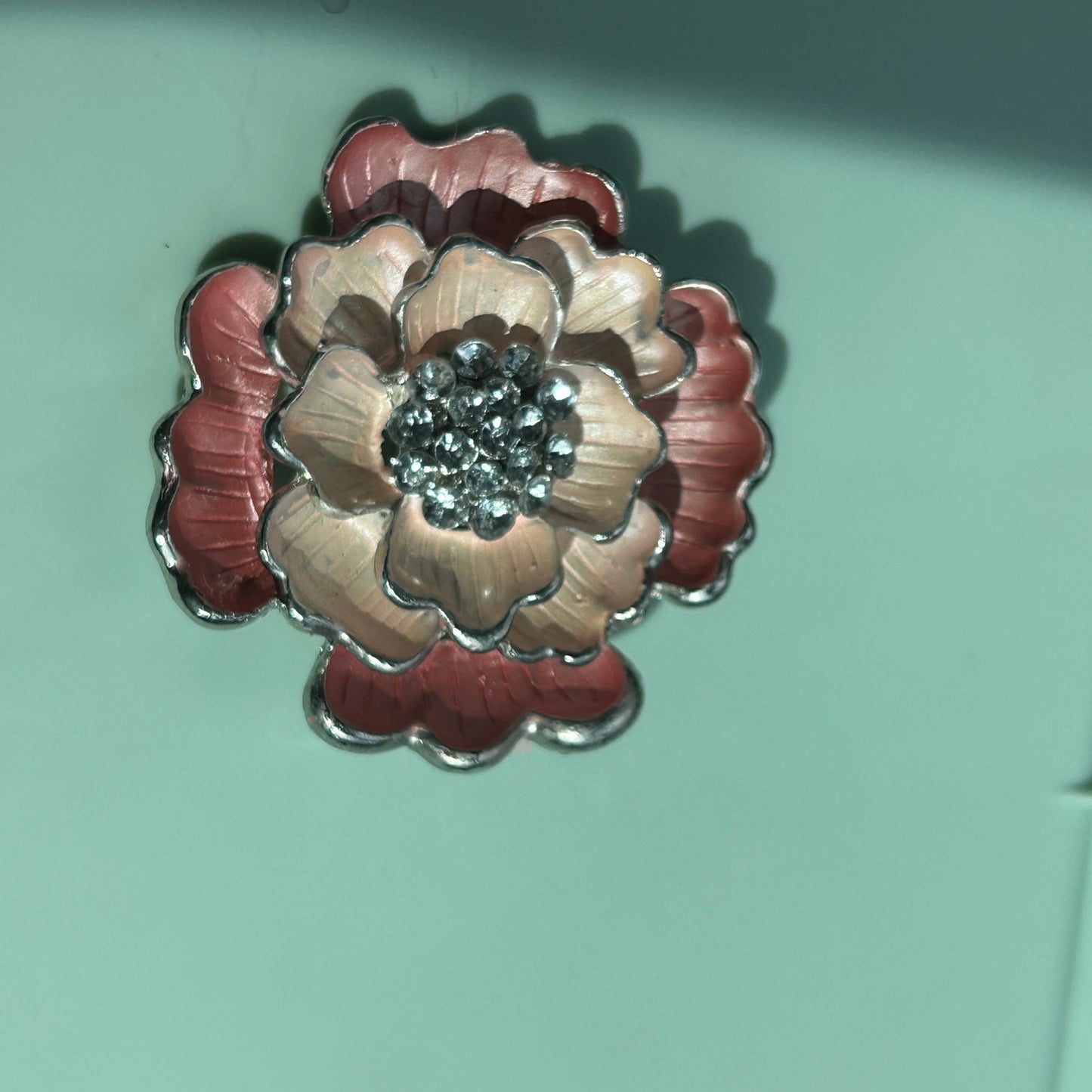 Vintage Silver Tone Pink Ombre Enamel Flower Brooch with Rhinestone Center