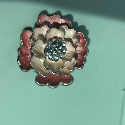 Vintage Silver Tone Pink Ombre Enamel Flower Brooch with Rhinestone Center