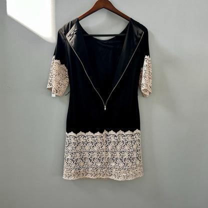 Gianni Bini Black Beige Lace Sheath Dress, Short, XS, Half Sleeve