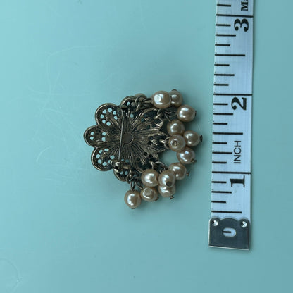 Antique Gold-Tone Floral Brooch with Rhinestones and Dangle Faux Pearls