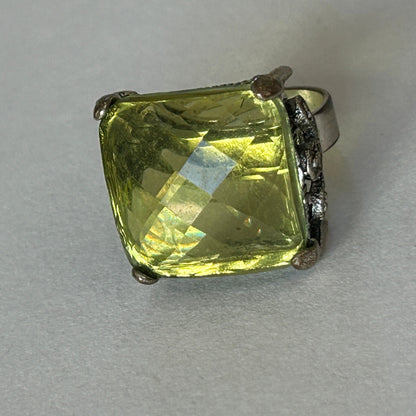 Large Cocktail Ring Pale Yellow-Green Faceted Stone Gothic Setting Size 8