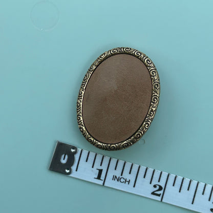 Victorian Revival Style Brooch | Gold-Tone Frame | Tan Suede Inlay Oval