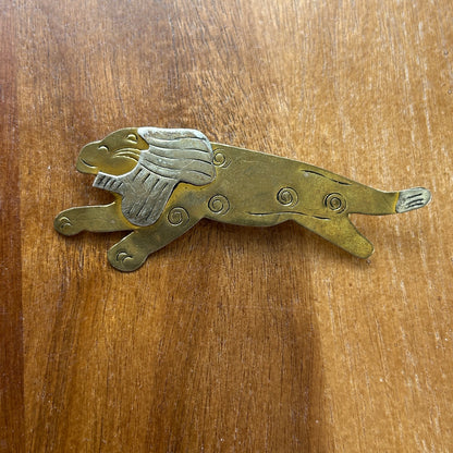 Vintage Mixed Metal Lion Brooch | Brass & Silver Tone Running Lion Pin | Mid-Century Modern Animal Jewelry