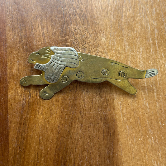 Vintage Mixed Metal Lion Brooch | Brass & Silver Tone Running Lion Pin | Mid-Century Modern Animal Jewelry