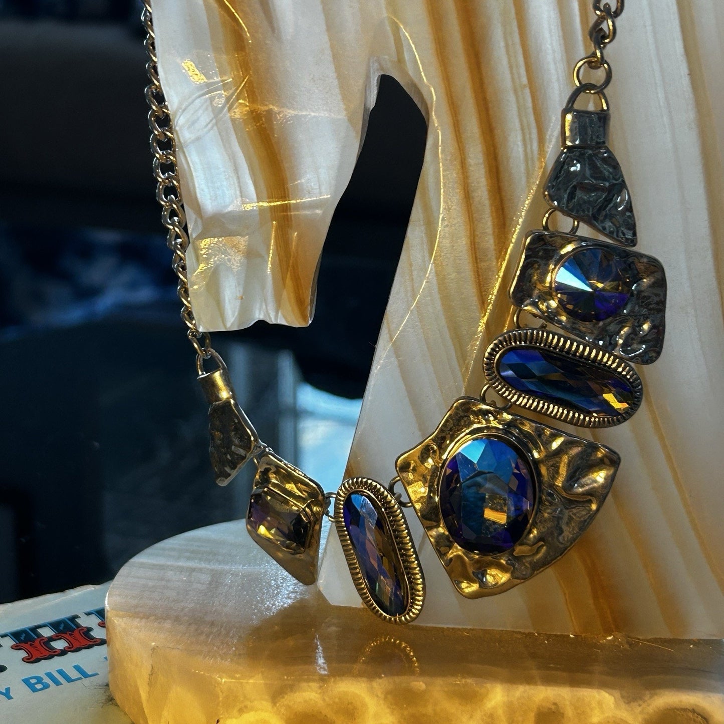 Statement Necklace Blue Glass Oval Stones Metal Bezel Asymmetrical Pendant Women