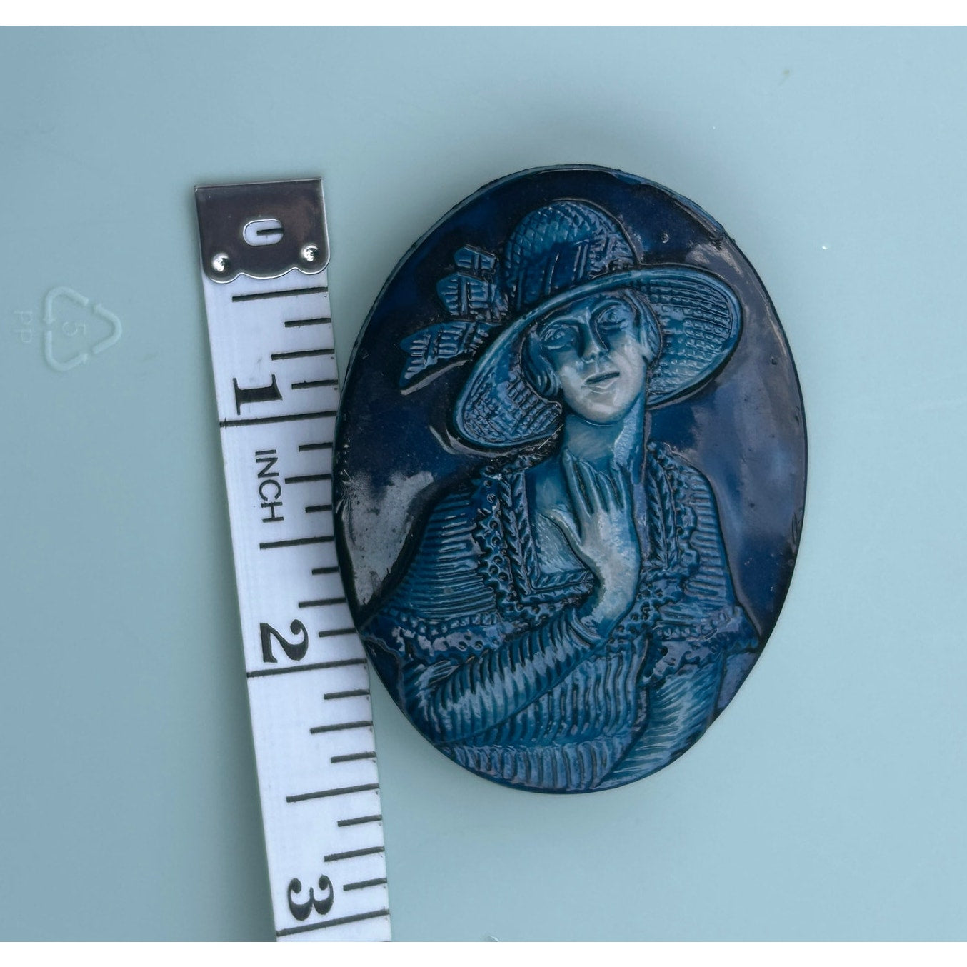Vintage Art Deco Revival Blue Resin Cameo Brooch, Flapper Girl, Made in Israel
