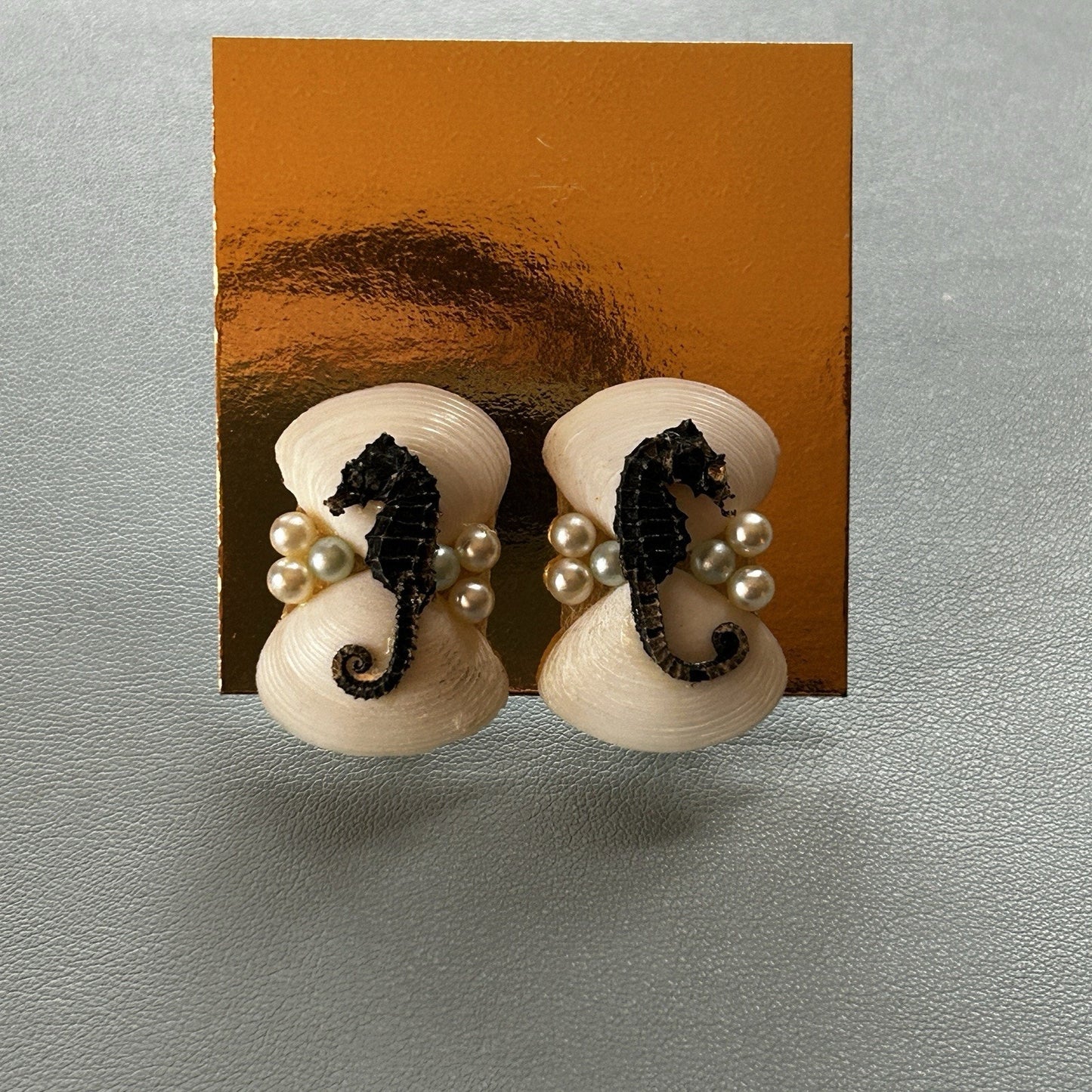 Shell & Pearl Seahorse Stud Earrings, Screw-Back, White & Black, Asymmetrical