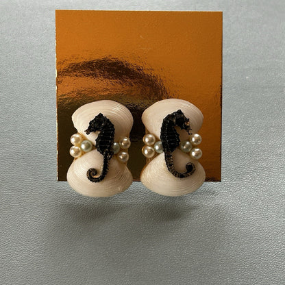 Shell & Pearl Seahorse Stud Earrings, Screw-Back, White & Black, Asymmetrical