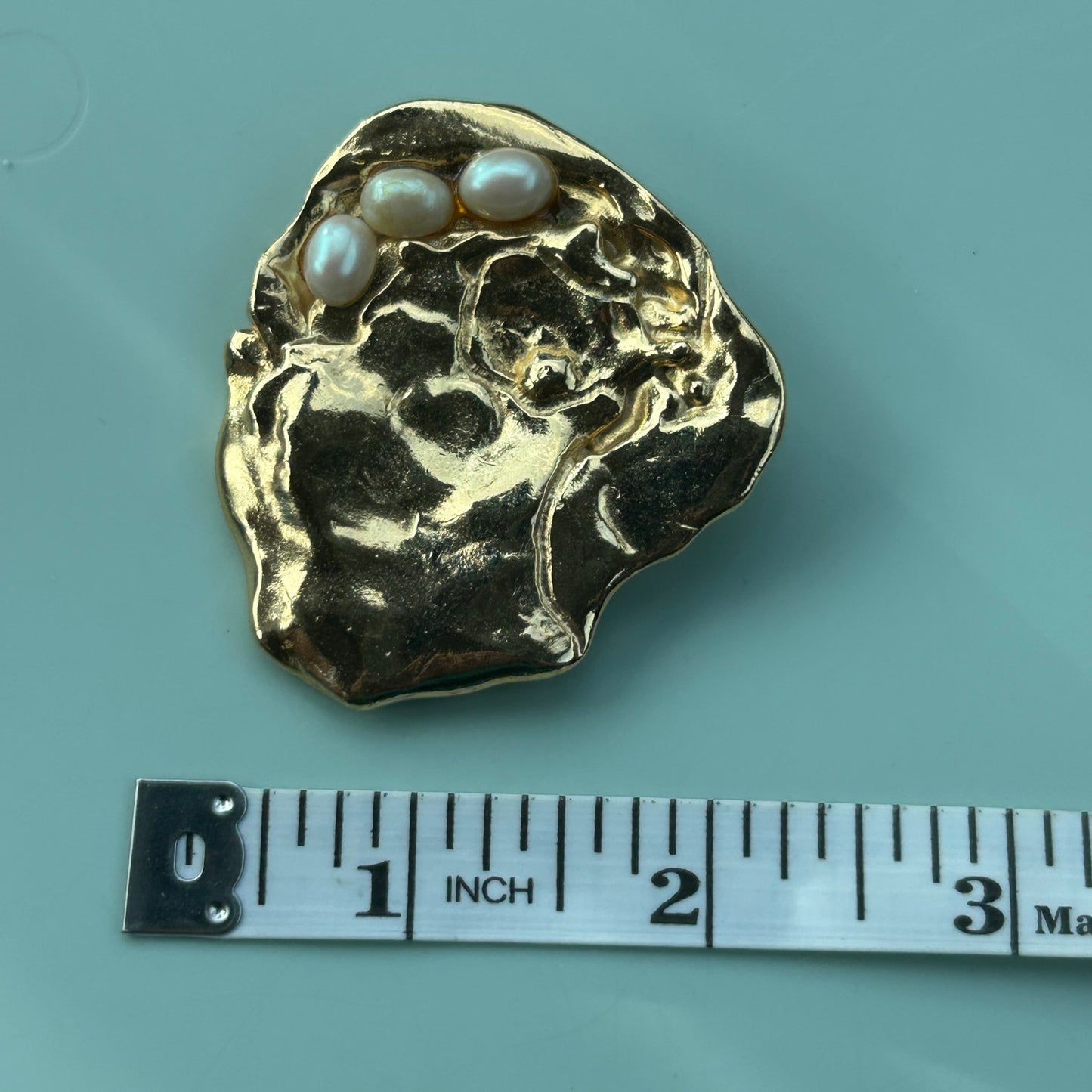 Unique Contemporary Gold-Tone Faux Pearl Brooch Abstract Textured Statement Pin