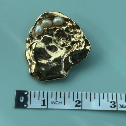 Unique Contemporary Gold-Tone Faux Pearl Brooch Abstract Textured Statement Pin