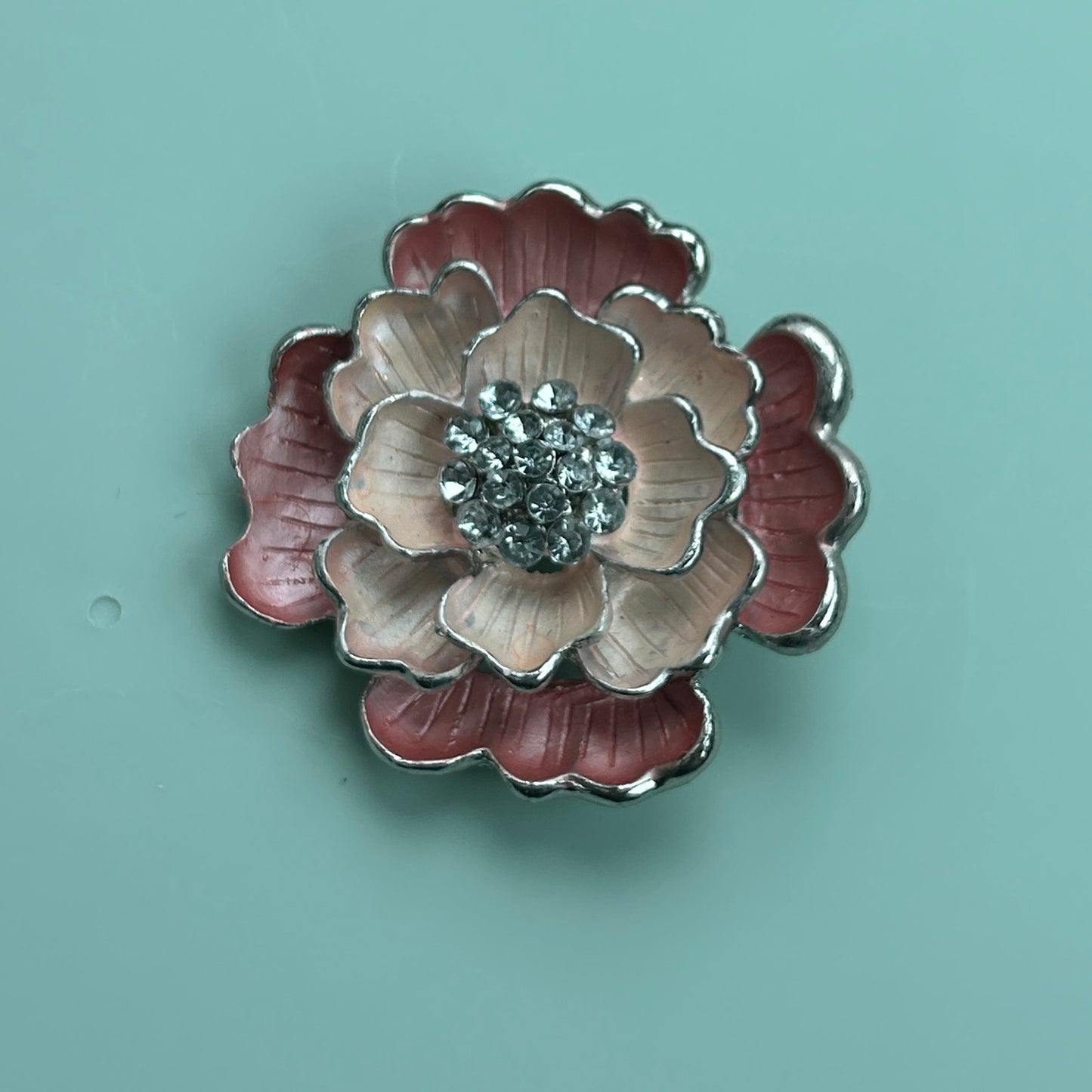 Vintage Silver Tone Pink Ombre Enamel Flower Brooch with Rhinestone Center
