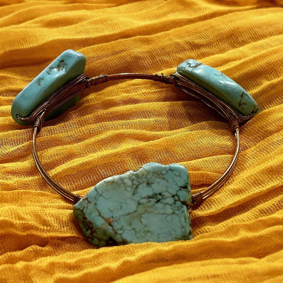 Handcrafted Copper Wire Bangle Bracelet Raw Turquoise Stones