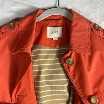 LOFT Petite Vibrant Coral Orange Trench Coat - Women’s LP - Striped Lining - Spring Jacket