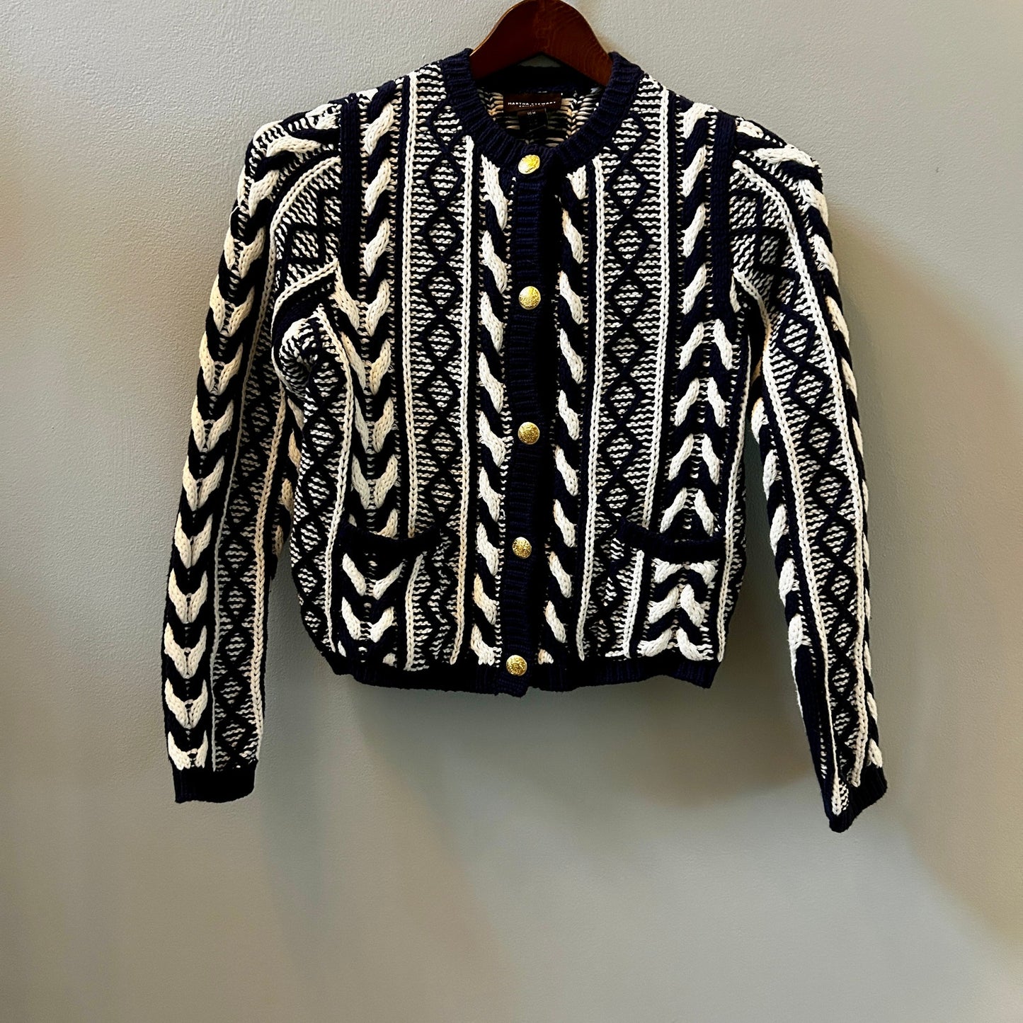 Martha Stewart Navy White Cable Knit Cardigan Sweater M