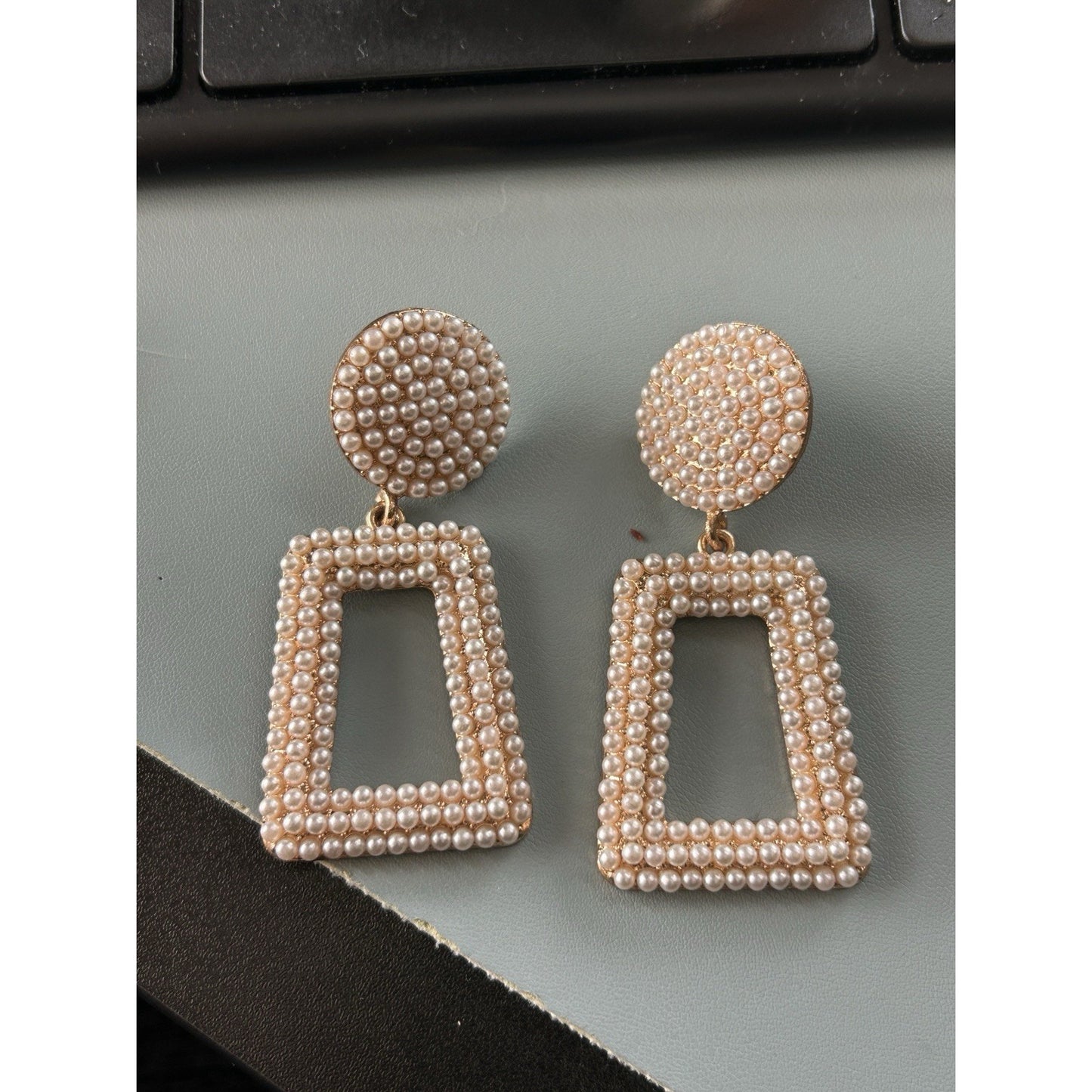 White Pearl Rectangular & Round Beaded Drop Earrings, for Pierced Ears