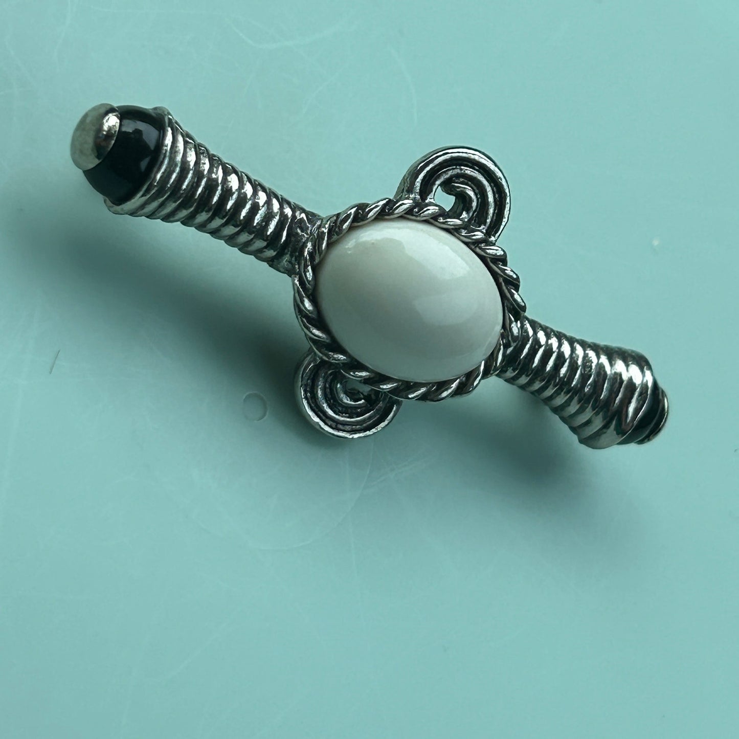 Vintage Art Deco Style Silver-Tone Bar Pin | Metal with Black & White Cabochon