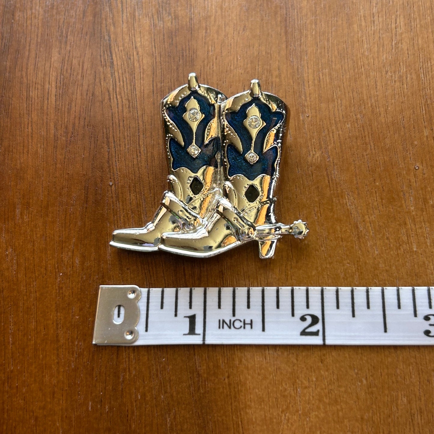 Vintage Silver Tone Cowboy Boots Brooch | Blue Enamel & Rhinestone Western Pin | Coastal Cowgirl Aesthetic Jewelry