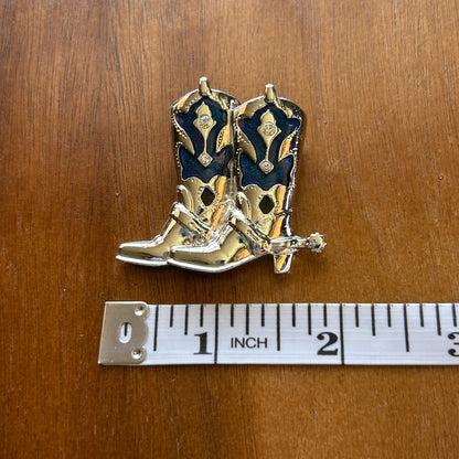 Vintage Silver Tone Cowboy Boots Brooch | Blue Enamel & Rhinestone Western Pin | Coastal Cowgirl Aesthetic Jewelry