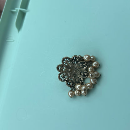 Antique Gold-Tone Floral Brooch with Rhinestones and Dangle Faux Pearls