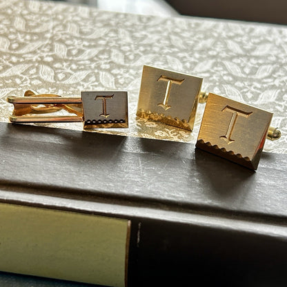 Gold Tone Men's Cufflinks and Tie Clip Set with 'T' Monogram, Metal, Customized