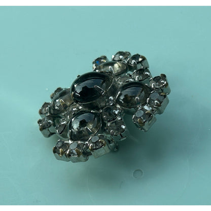 Vintage Smokey Quartz Style Rhinestone Brooch Silver Tone Statement Cluster Pin