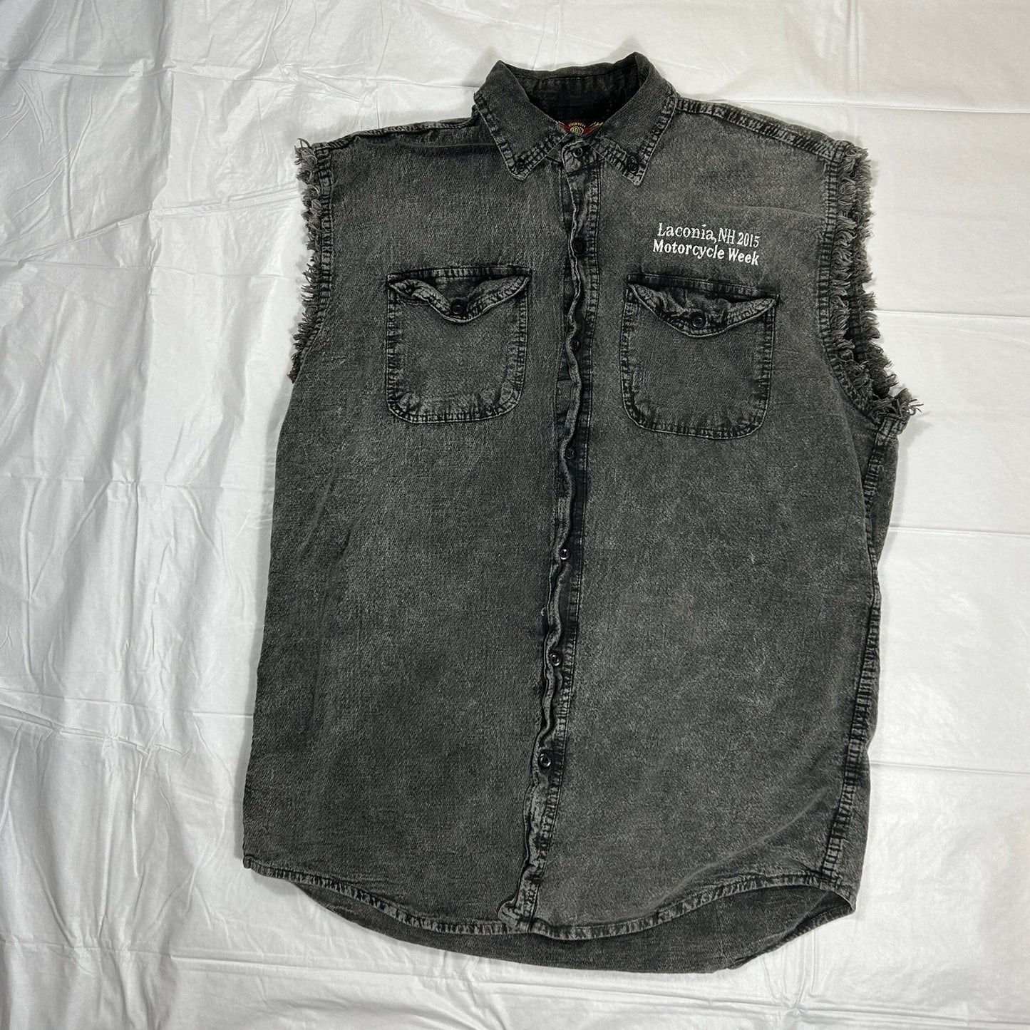 Vintage 2015 Laconia NH Motorcycle Week Cut Off Denim Shirt Men's XL Biker Vest